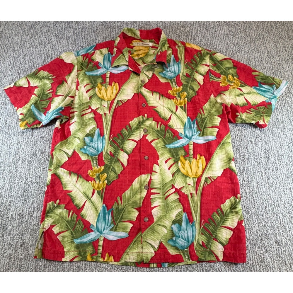 Tommy Bahama Button Up‎ Shirt Mens XL Red Tropical Banana Leaf Floral 100% Silk